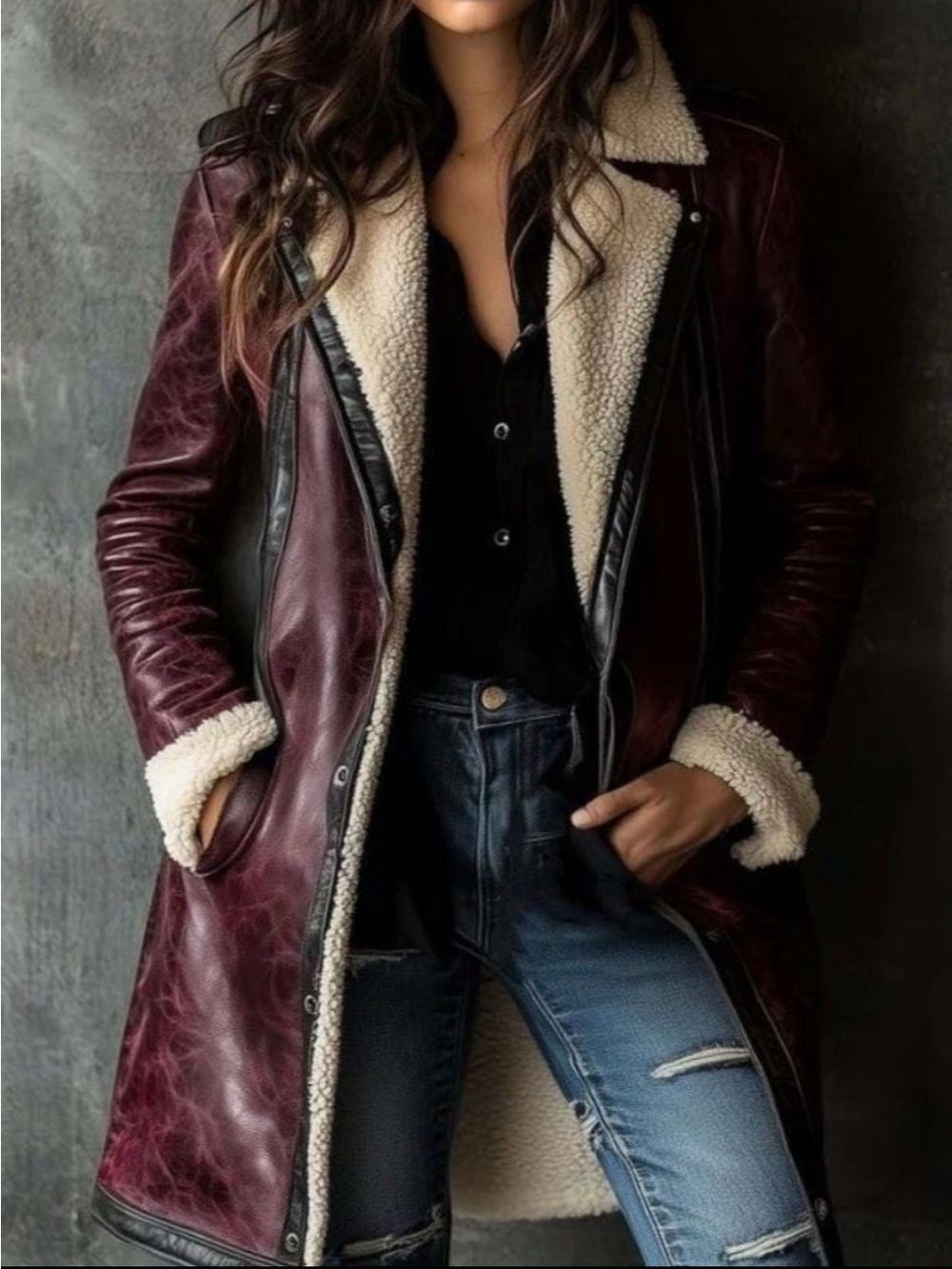 Women's Burgundy Shearling-Lined Leather Coat